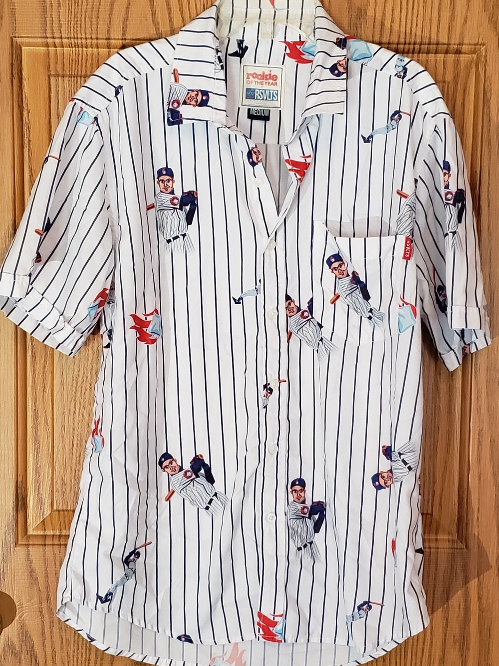 RSVLTS White Navy Pinstripe Baseball Player Print Short-Sleeve Button-Down Shirt